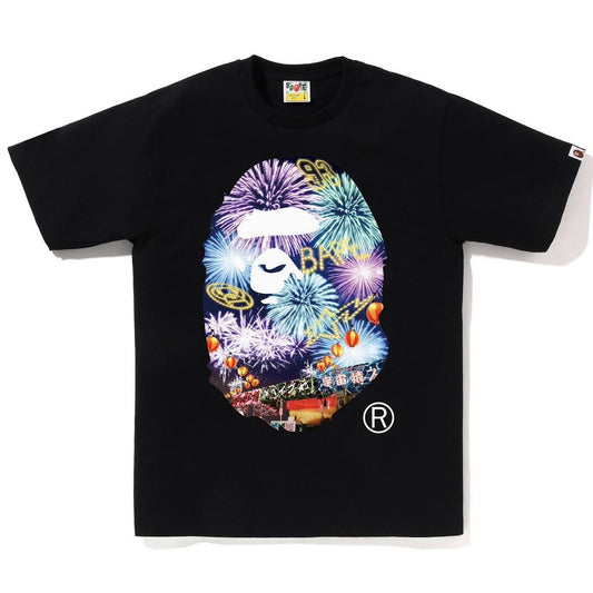 A BATHING APE BAPE FIREWORK APE HEAD PHOTO TEE BLACK