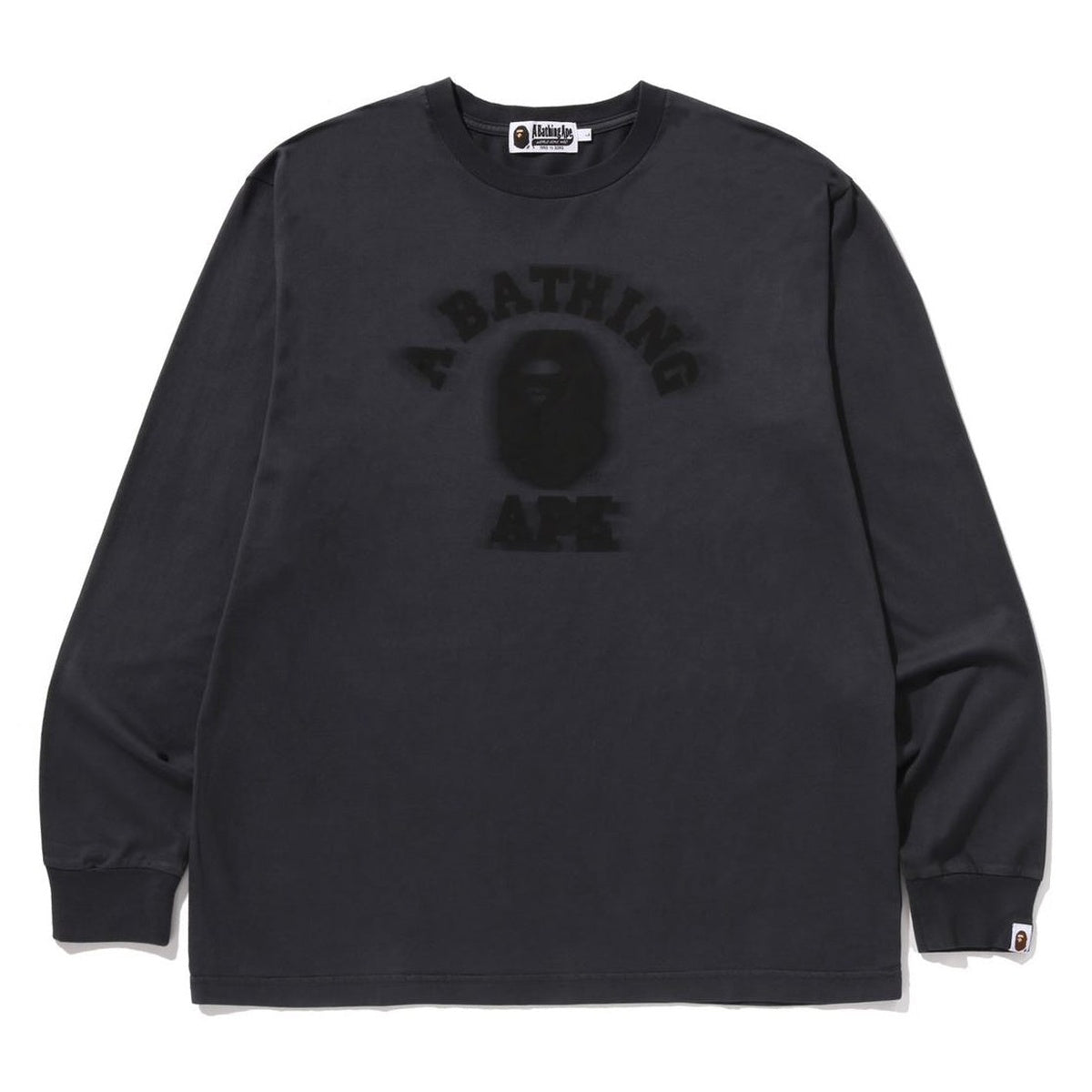 A BATHING APE BAPE GARMENT DYE COLLEGE RELAXED FIT L/S TEE CHARCOAL