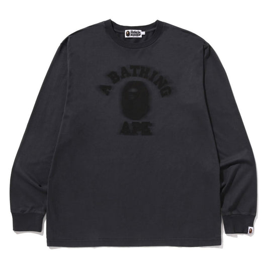 A BATHING APE BAPE GARMENT DYE COLLEGE RELAXED FIT L/S TEE CHARCOAL