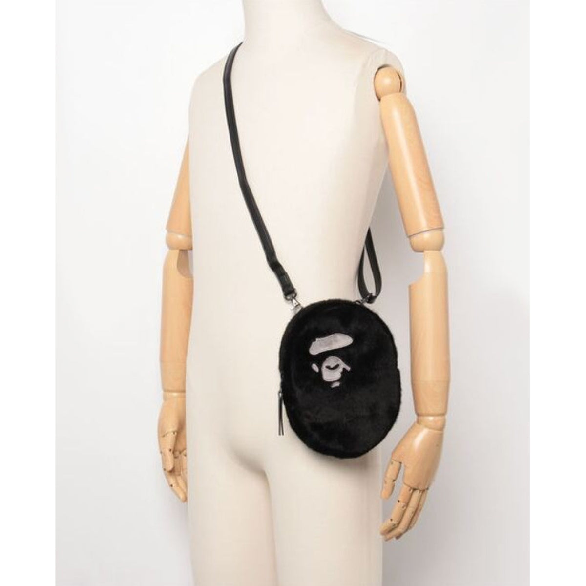 A BATHING APE BAPE APE HEAD FAUX FUR MINI SHOULDER BAG BLACK