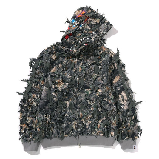 A BATHING APE BAPE TREE EDGE CAMO LASER CUT CROPPED SHARK FULL ZIP HOODIE BROWN