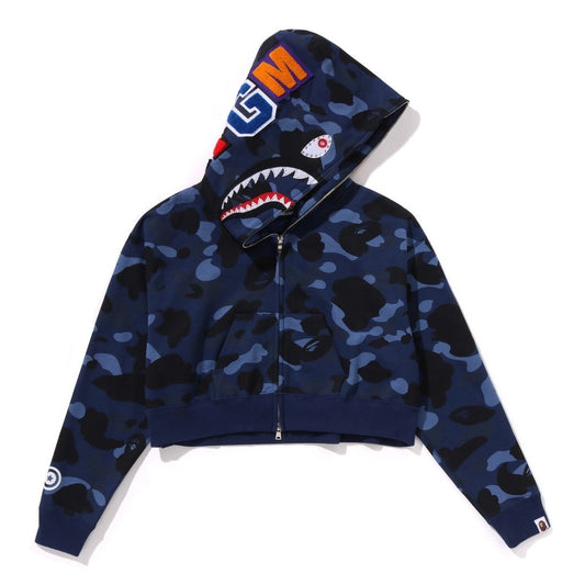 A BATHING APE BAPE Ladies' COLOR CAMO CRYSTAL STONE SHARK CROPPED FULL ZIP HOODIE NAVY