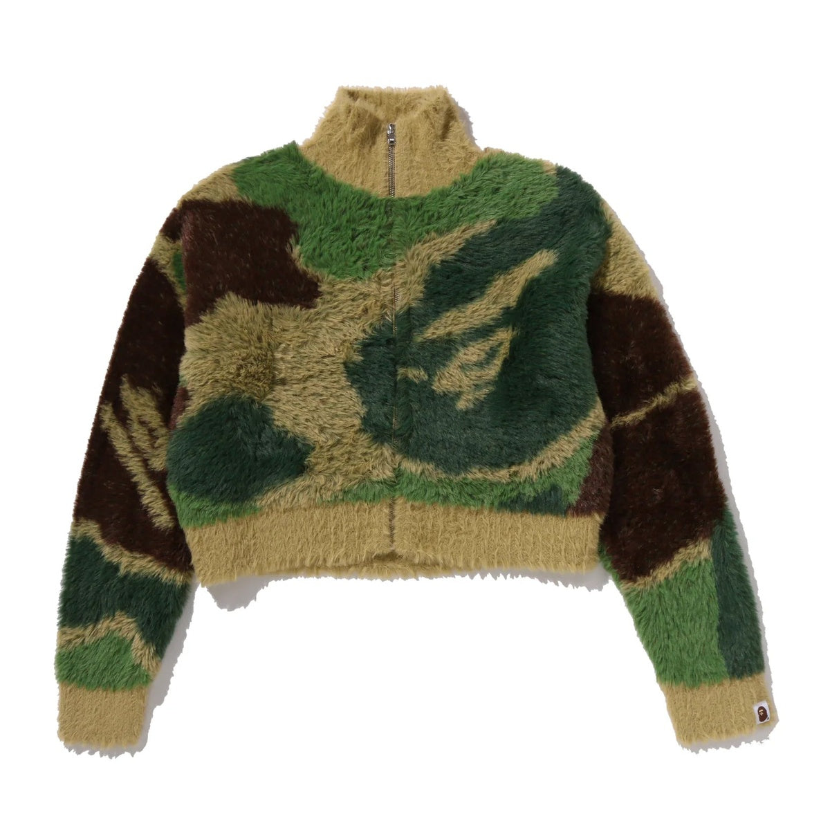 A BATHING APE BAPE LADIES' MEGA ABC CAMO LONG FUR MOCKNECK CROPPED ZIP CARDIGAN GREEN