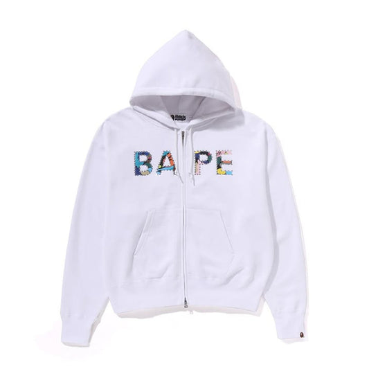 A BATHING APE BAPE Ladies' MULTI CAMO CRYSTAL LOGO WIDE ZIP HOODIE WHITE