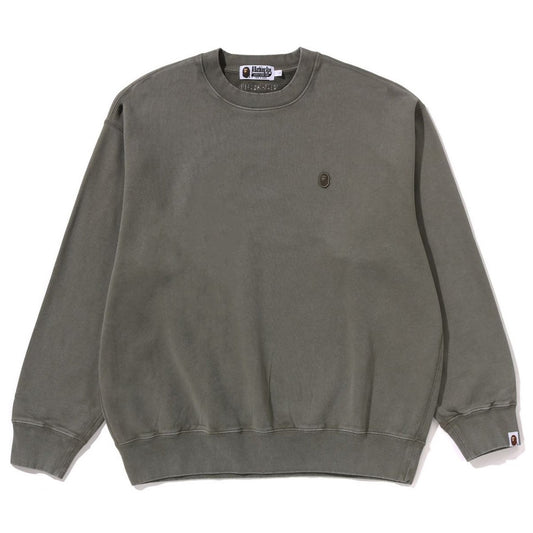 A BATHING APE BAPE GARMENT DYE ONE POINT RELAXED FIT CREWNECK SWEAT SHIRT OLIVE