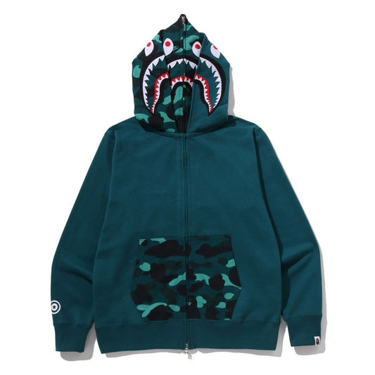 A BATHING APE BAPE COLOR CAMO SHARK FULL ZIP DOUBLE HOODIE GREEN