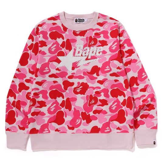 A BATHING APE ABC CAMO RHINE STONE BAPE STA CREWNECK SWEAT SHIRT PINK