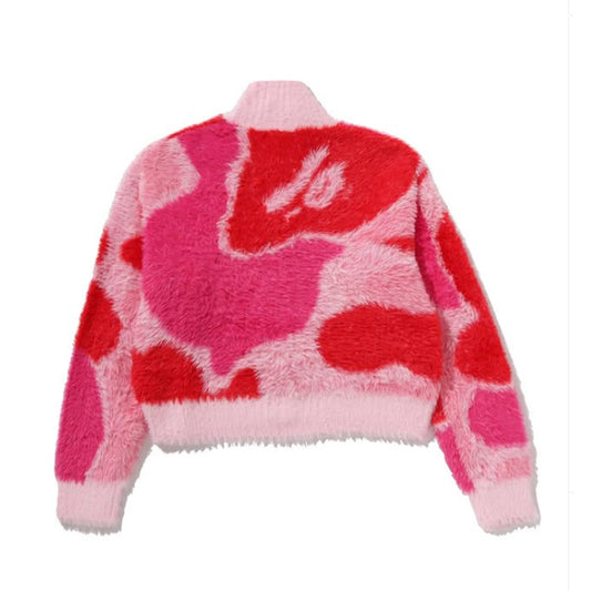A BATHING APE BAPE LADIES' MEGA ABC CAMO LONG FUR MOCKNECK CROPPED ZIP CARDIGAN PINK