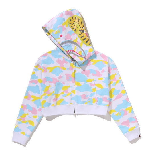 A BATHING APE BAPE LADIES' NEW MULTI CAMO CROPPED SHARK FULL ZIP HOODIE WHITE