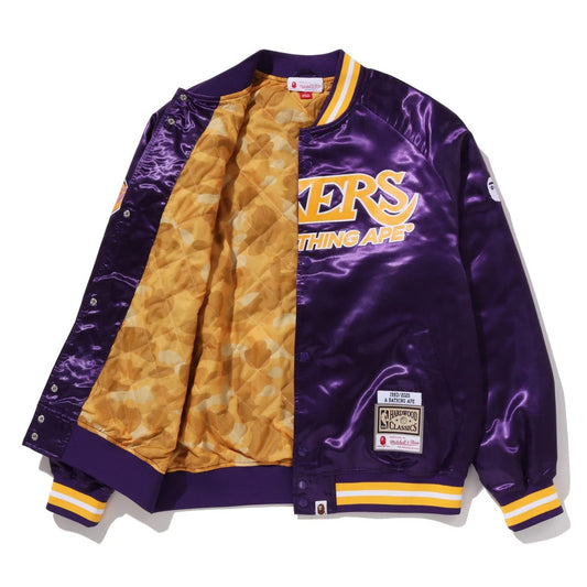 A BATHING APE BAPE M&N NBA LOS ANGELS LAKERS SATIN JACKET PURPLE