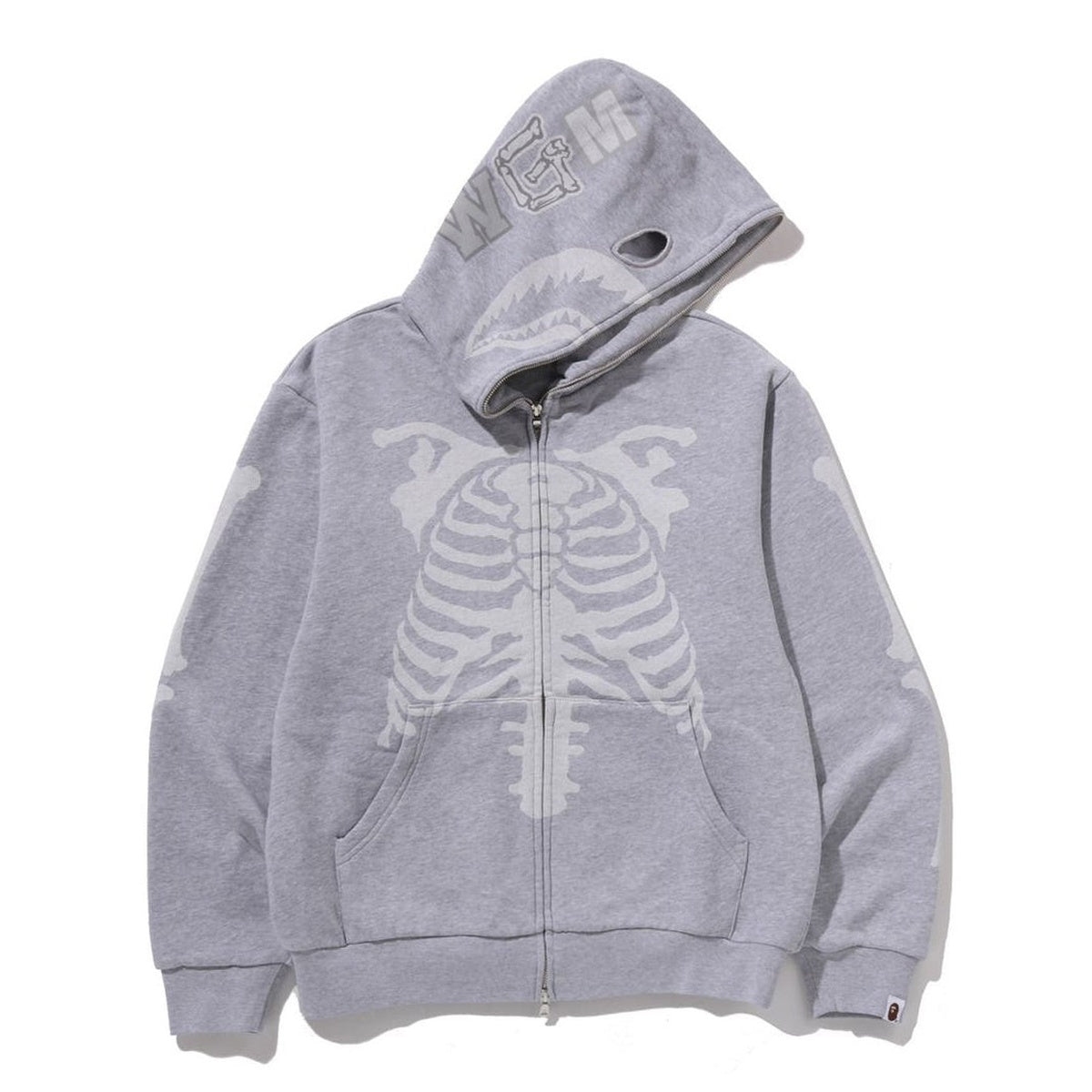 A BATHING APE BAPE SKELETON SHARK HEAVY WASHED CROPPED FIT FULL ZIP HOODIE GRAY