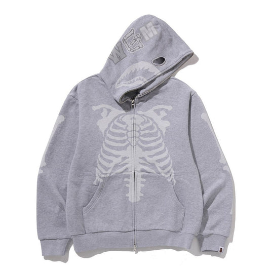 A BATHING APE BAPE SKELETON SHARK HEAVY WASHED CROPPED FIT FULL ZIP HOODIE GRAY