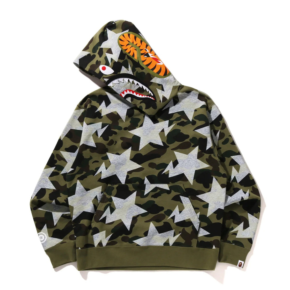 A BATHING APE BAPE STA OVER PRINT 1ST CAMO SHARK CROPPED FIT PULLOVER HOODIE GREEN