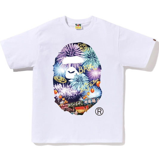 A BATHING APE BAPE FIREWORK APE HEAD PHOTO TEE WHITE