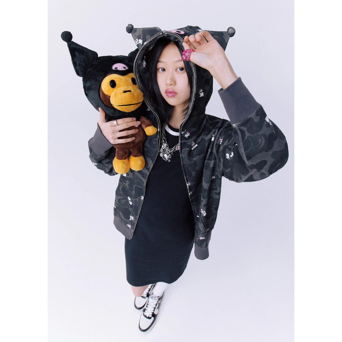 A BATHING APE BAPE SANRIO CHARACTERS KUROMI CAMO FULL ZIP HOODIE BLACK