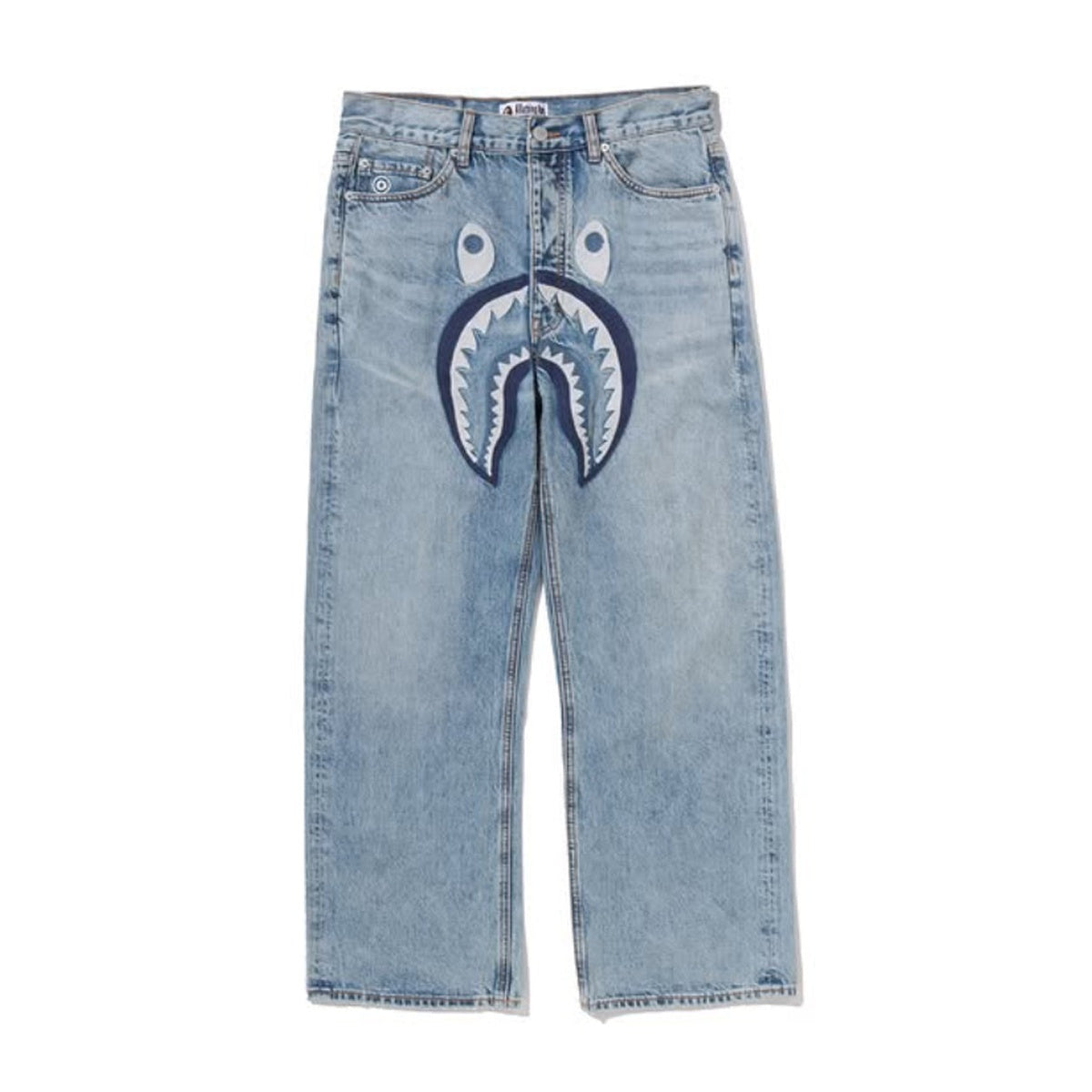 A BATHING APE BAPE SHARK RELAXED FIT DENIM PANTS LIGHT INDIGO