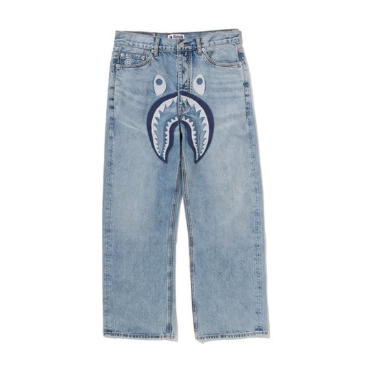 A BATHING APE BAPE SHARK RELAXED FIT DENIM PANTS LIGHT INDIGO