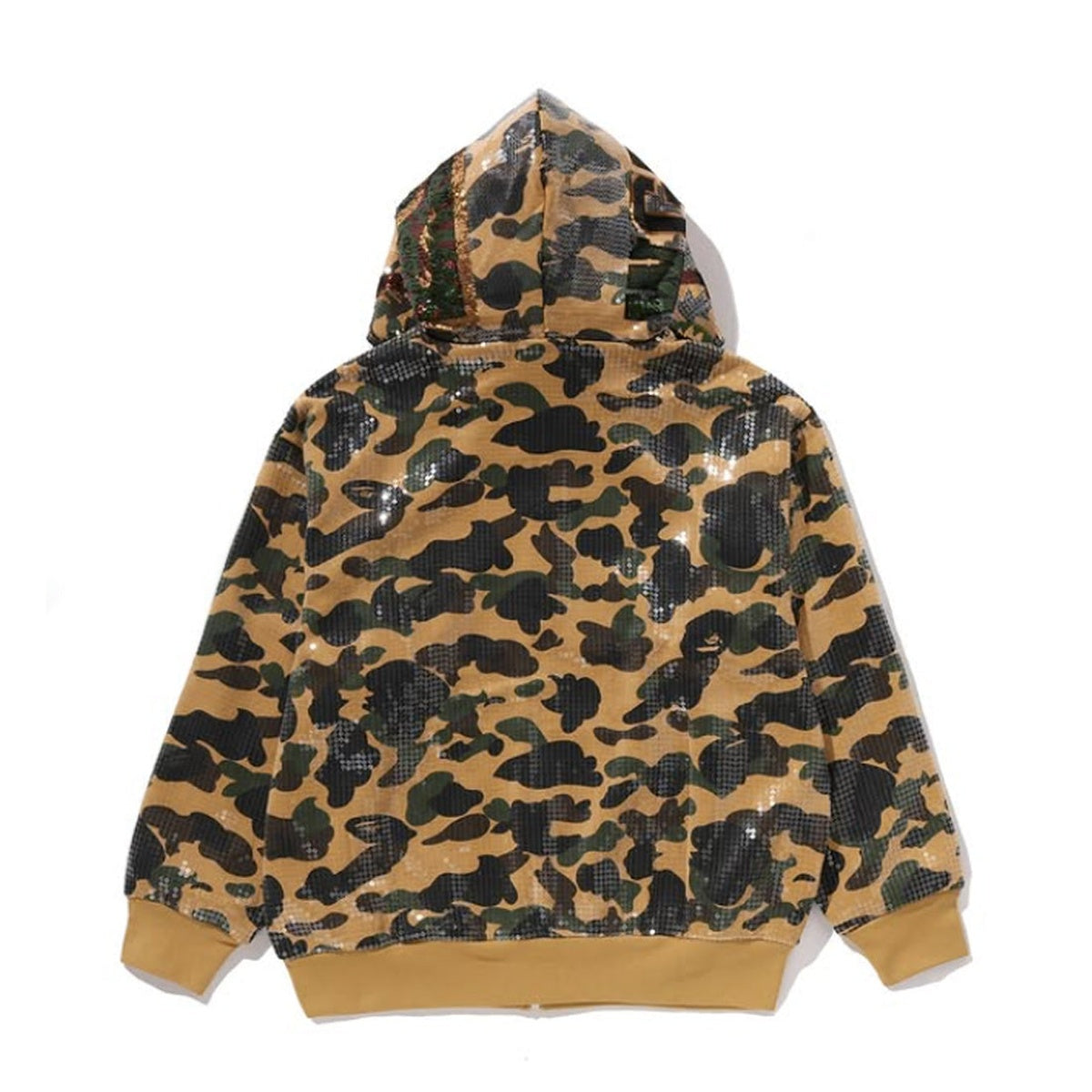 A BATHING APE BAPE 1ST CAMO SEQUIN SHARK RELAXED FIT FULL ZIP HOODIE YELLOW