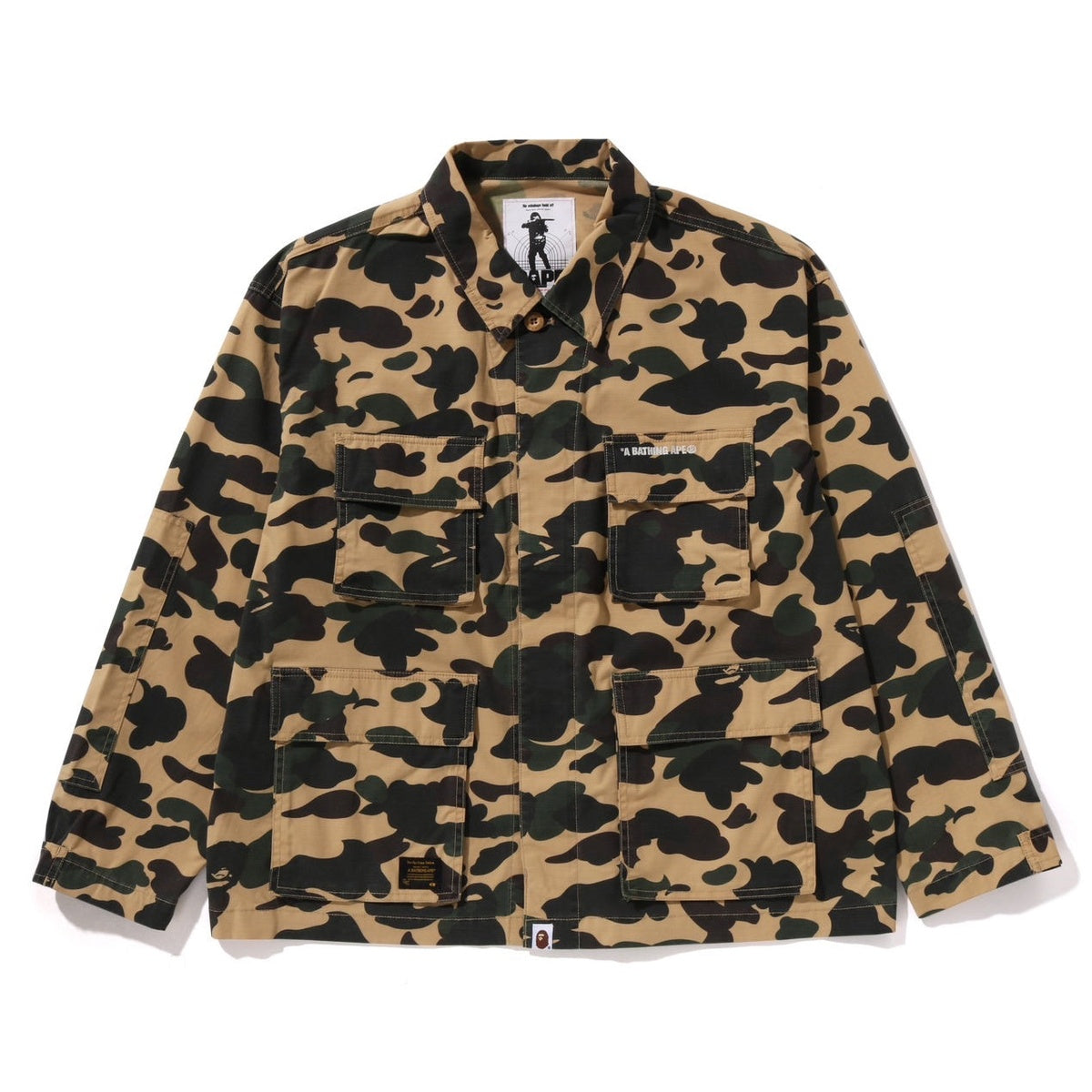 A BATHING APE BAPE 1ST CAMO HEAVY WASHED MULTI POCKET CARGO L/S SHIRT YELLOW