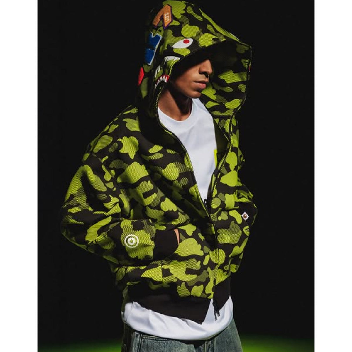 A BATHING APE BAPE CR7 LIFE LOGO RELAXED FIT SHARK FULL ZIP HOODIE GREEN