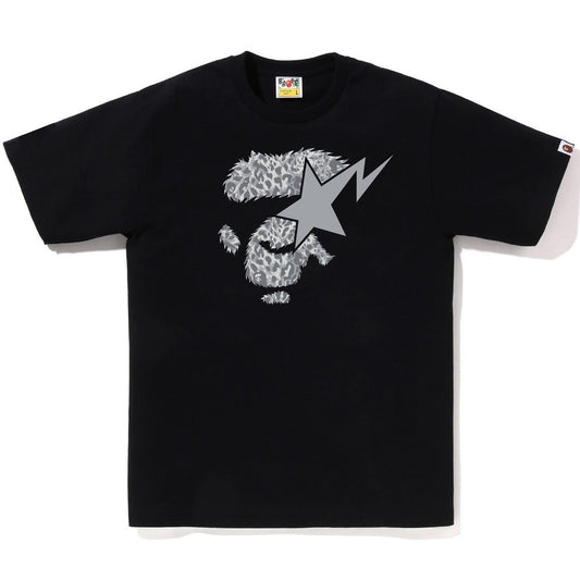 A BATHING APE BAPE WILD LEOPARD PATTERN APE FACE STA TEE BLACK