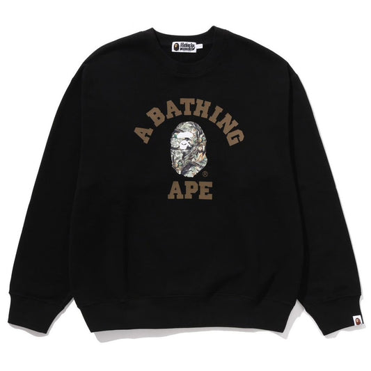 A BATHING APE BAPE TREE EDGE CAMO COLLEGE RELAXED FIT CREWNECK SWEAT SHIRT #1 BLACK