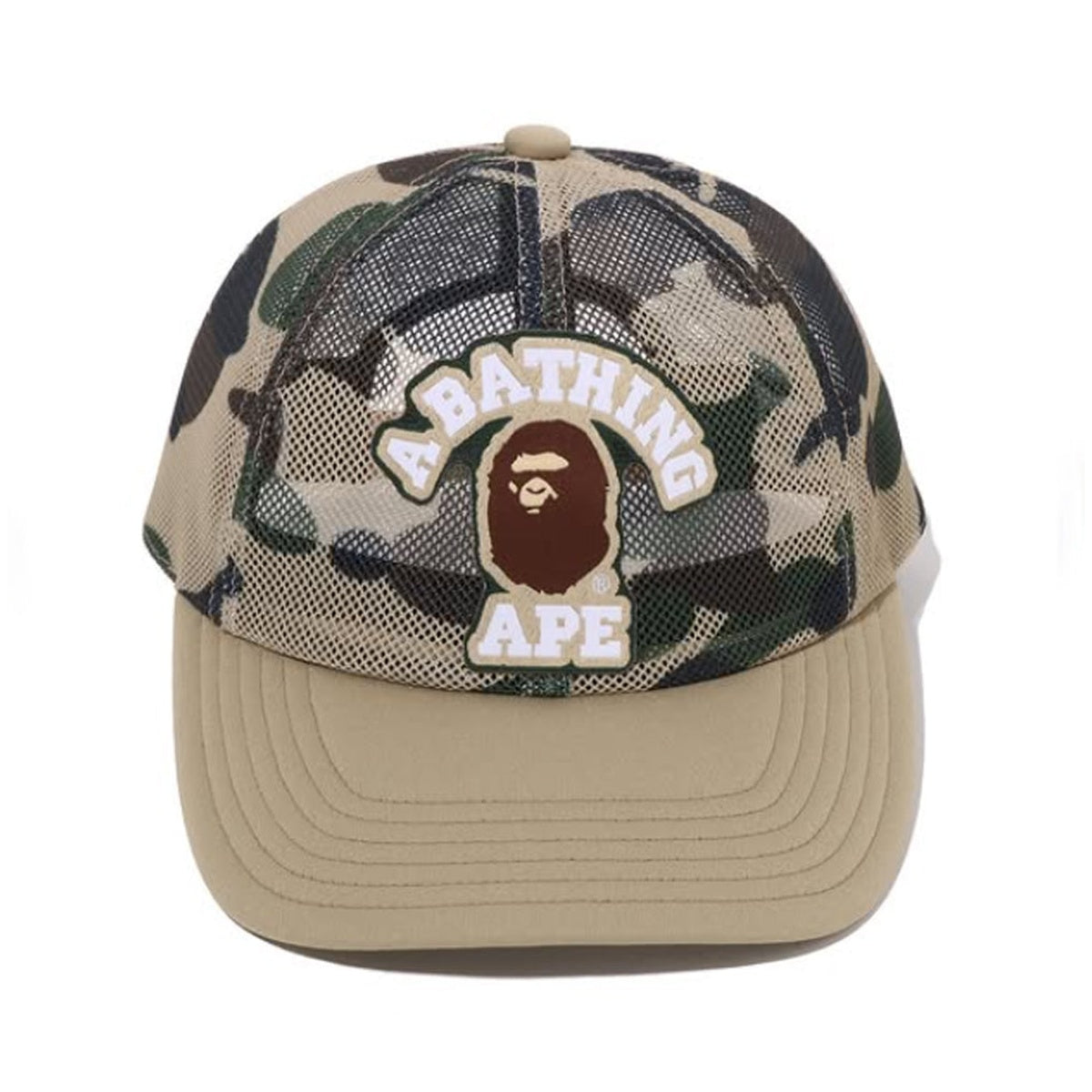 A BATHING APE BAPE 1ST CAMO COLLEGE PATCHED MESH CAP YELLOW