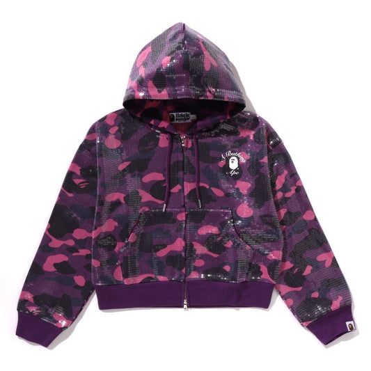 A BATHING APE BAPE Ladies' COLOR CAMO APE HEAD SEQUIN CROPPED FULL ZIP HOODIE PURPLE