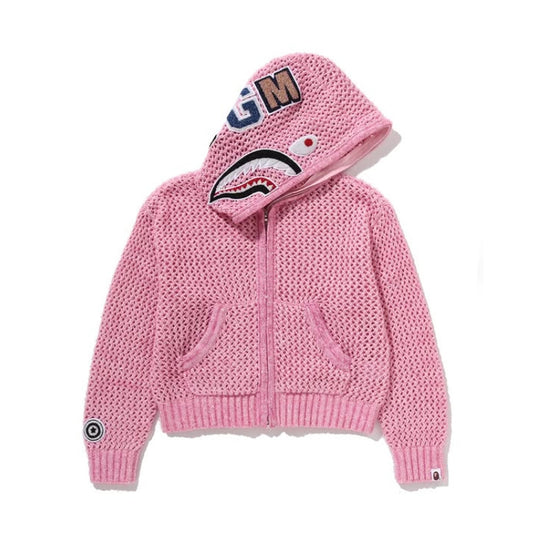 A BATHING APE BAPE LADIES' METALLIC CROCHET SHARK FULL ZIP HOODIE PINK