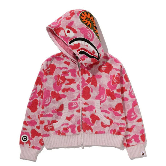 A BATHING APE BAPE LADIES' ABC CAMO TOWEL JACQUARD SHARK CROPPED FULL ZIP HOODIE PINK