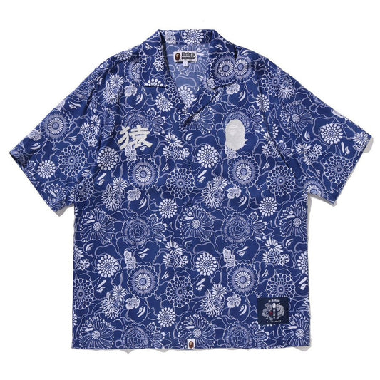 A BATHING APE BAPE JAPANESE INDIGO ART CAMO OPEN COLLAR SS SHIRT INDIGO