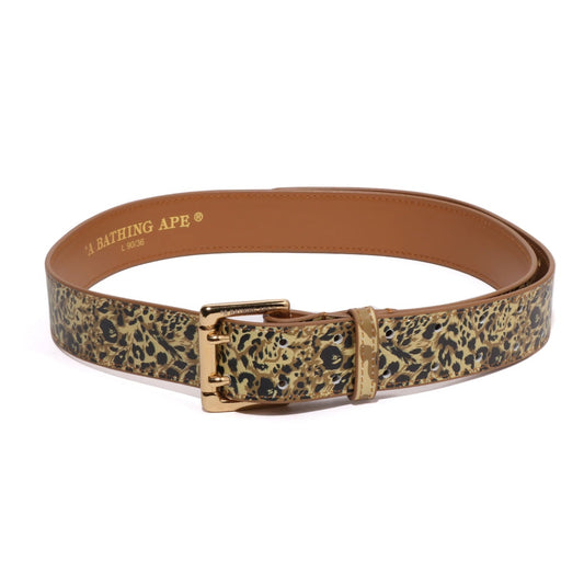 A BATHING APE BAPE WILD LEOPARD PATTERN LEATHER BELT BROWN