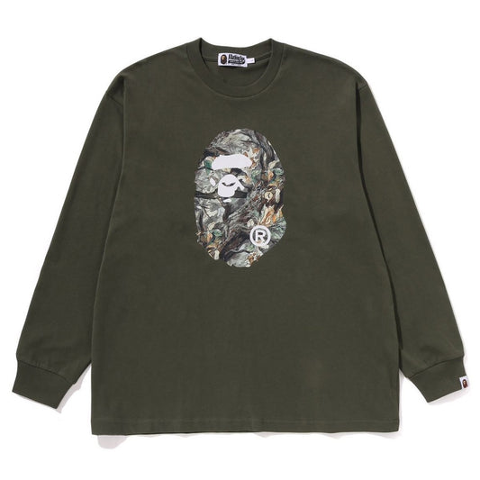 A BATHING APE BAPE TREE EDGE CAMO APE HEAD RELAXED FIT L/S TEE OLIVE
