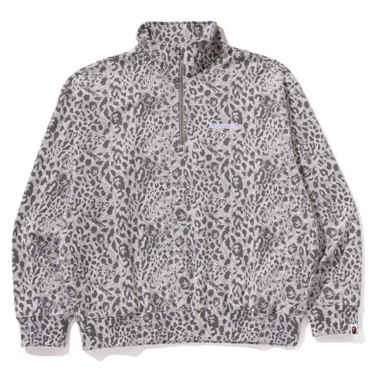 A BATHING APR WILD LEOPARD PATTERN RELAXED HALF ZIP SWEAT SHIRT GRAY