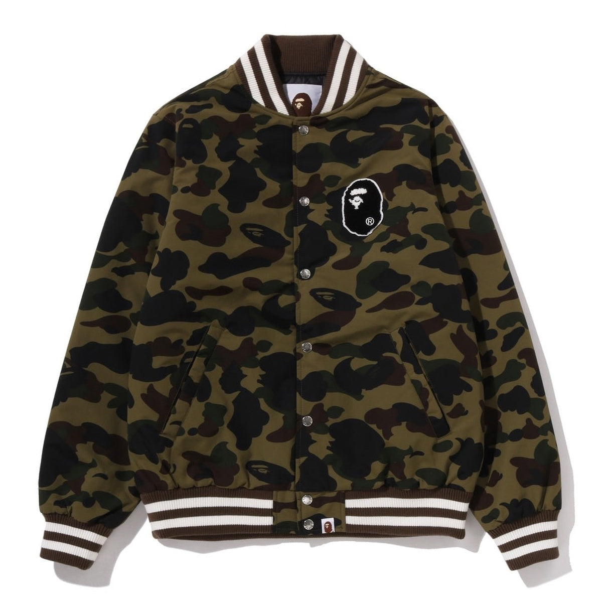 A BATHING APE BAPE 1ST CAMO VARSITY JACKET GREEN