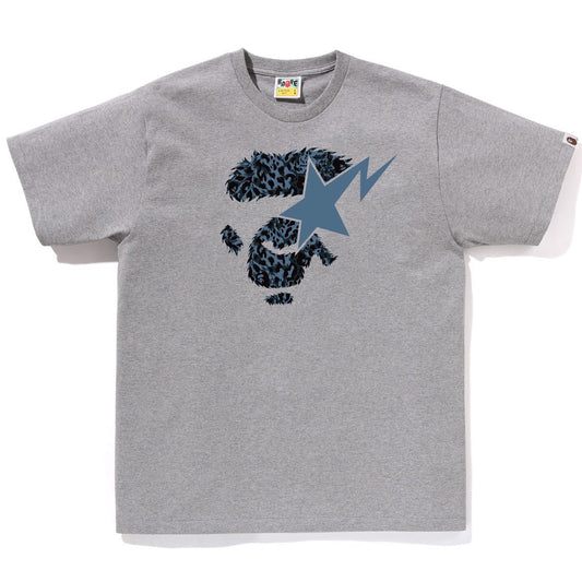 A BATHING APE BAPE WILD LEOPARD PATTERN APE FACE STA TEE GRAY