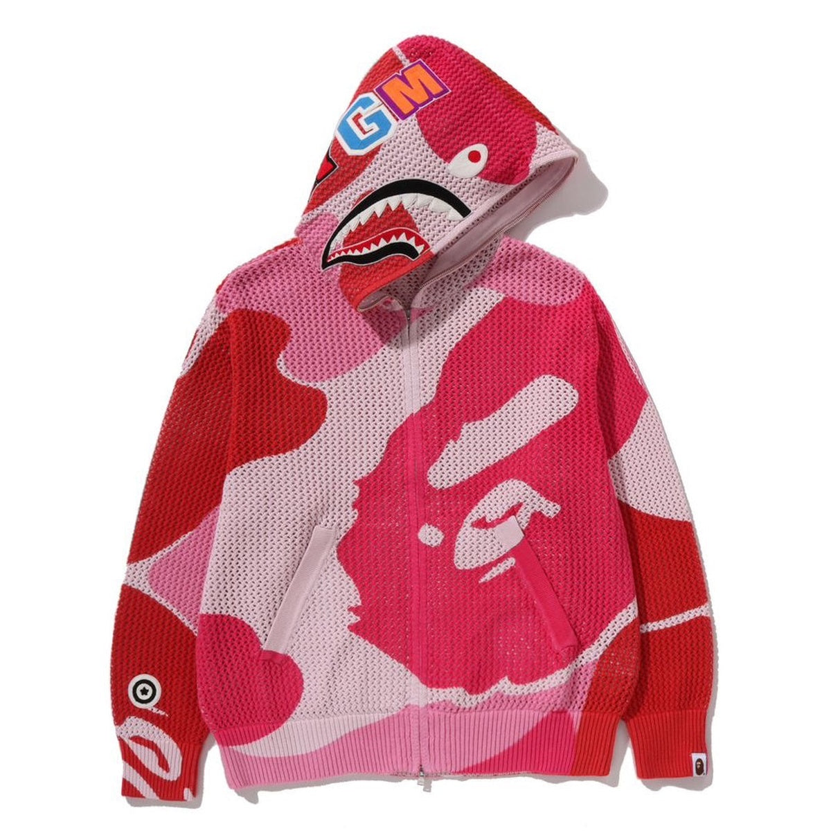 A BATHING APE BAPE ABC CAMO CROCHET SHARK RELAXED FIT FULL ZIP HOODIE PINK
