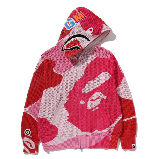 A BATHING APE BAPE ABC CAMO CROCHET SHARK RELAXED FIT FULL ZIP HOODIE PINK