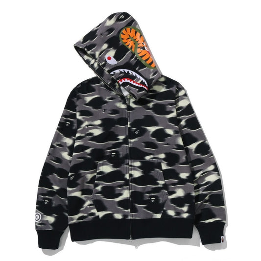 A BATHING APE BAPE SCREEN CAMO SHARK FULL ZIP HOODIE BLACK