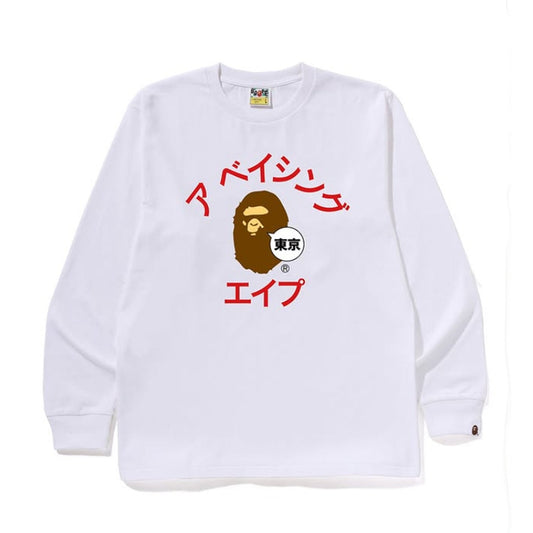 A BATHING APE BAPE TOKYO EXCLUSIVE KATAKANA COLLEGE L/S TEE WHITE