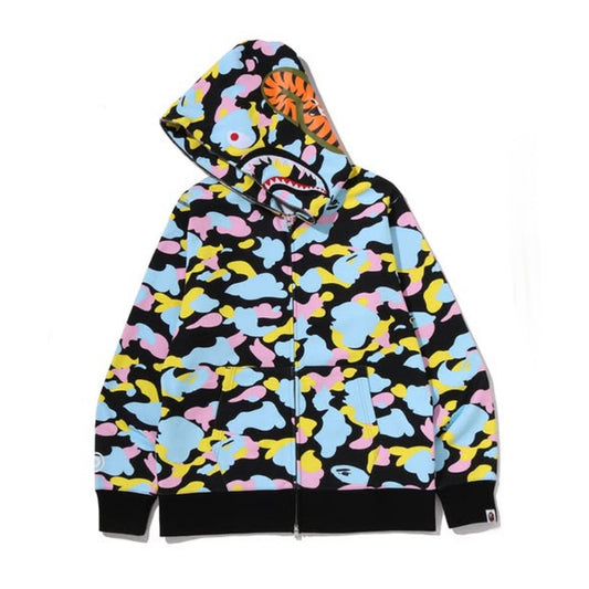 A BATHING APE BAPE MULTI CAMO SHARK FULL ZIP HOODIE BLACK