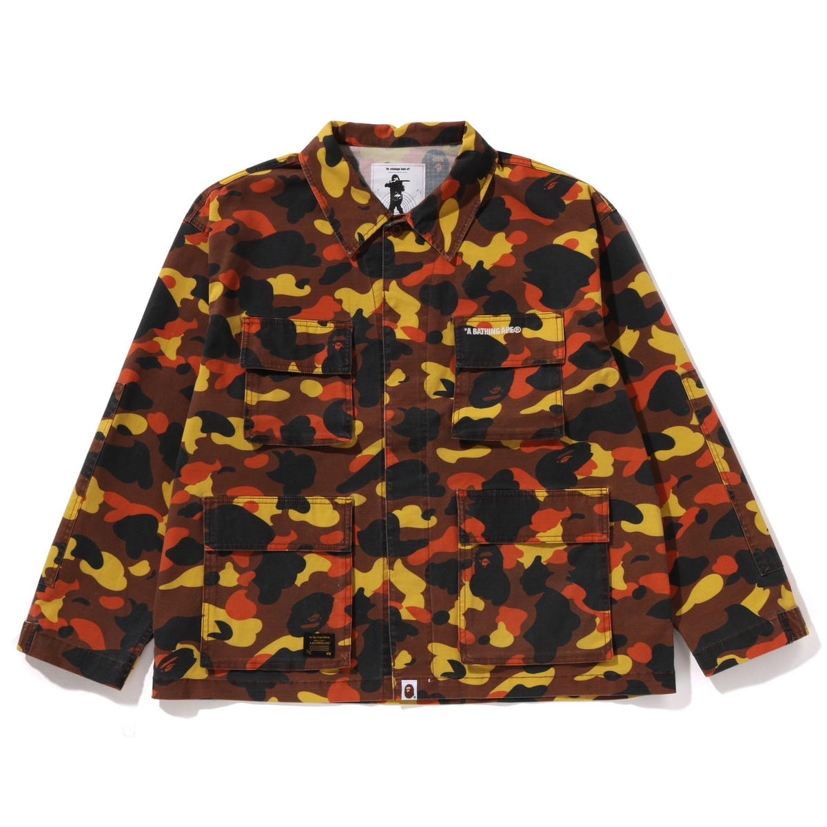 A BATHING APE BAPE 1ST CAMO HEAVY WASHED MULTI POCKET CARGO L/S SHIRT ORANGE