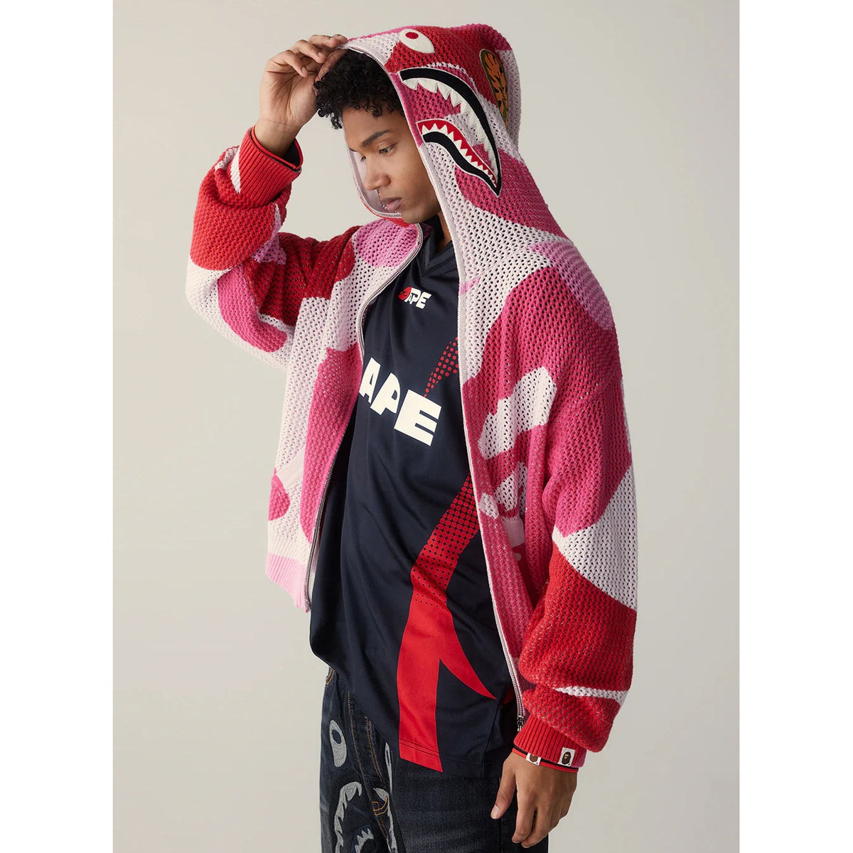 A BATHING APE BAPE ABC CAMO CROCHET SHARK RELAXED FIT FULL ZIP HOODIE PINK