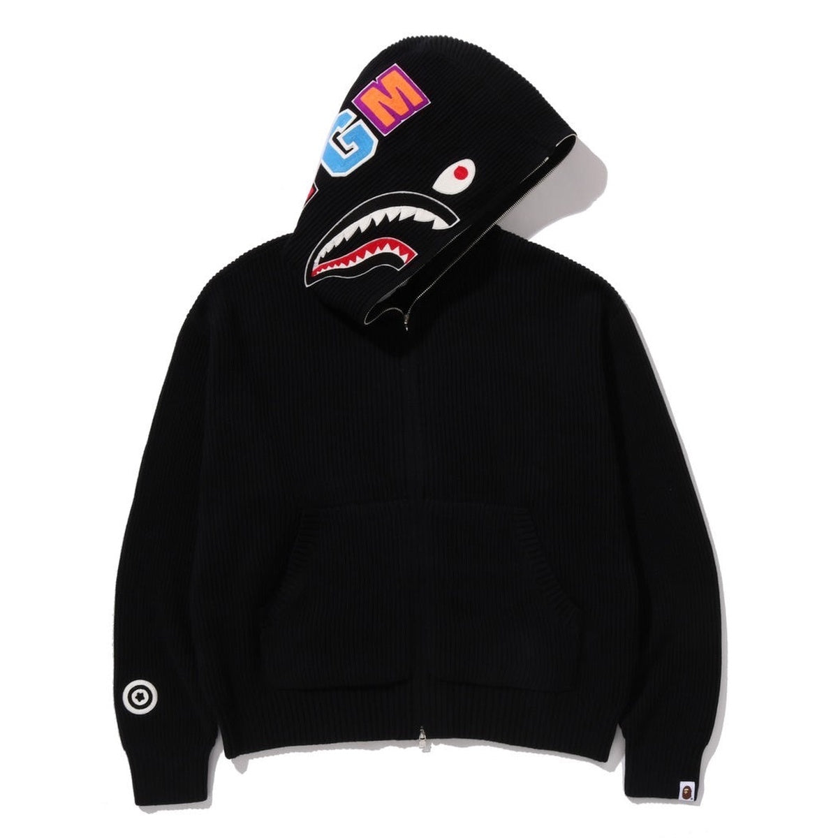 A BATHING APE BAPE SHARK FULL ZIP KNIT HOODIE BLACK