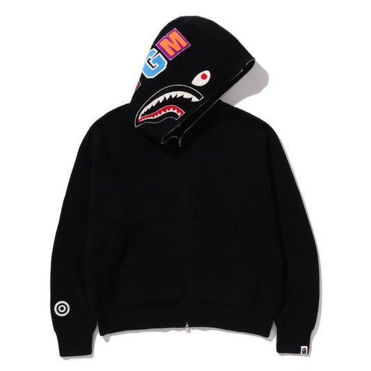 A BATHING APE BAPE SHARK FULL ZIP KNIT HOODIE BLACK