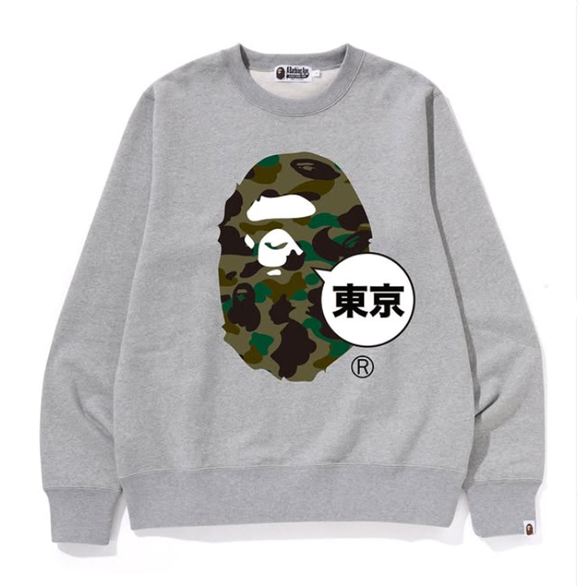 A BATHING APE BAPE 1ST CAMO TOKYO EXCLUSIVE APE HEAD CREWNECK SWEAT SHIRT GRAY