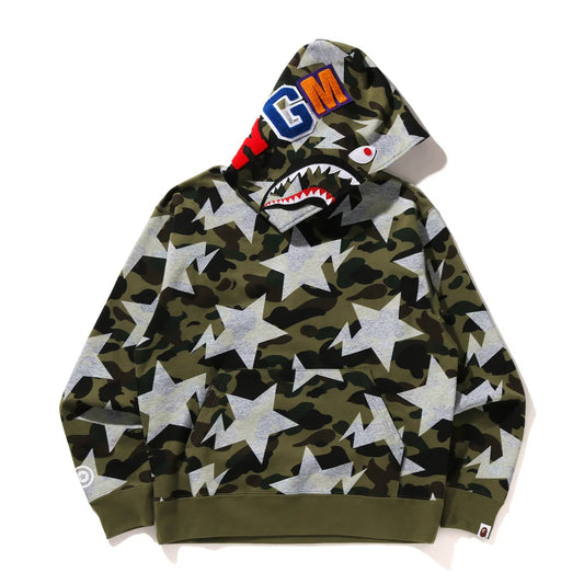 A BATHING APE BAPE STA OVER PRINT 1ST CAMO SHARK CROPPED FIT PULLOVER HOODIE GREEN
