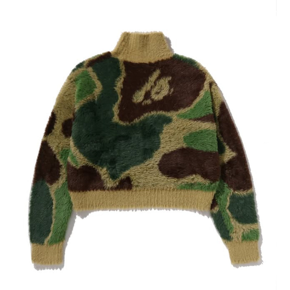 A BATHING APE BAPE LADIES' MEGA ABC CAMO LONG FUR MOCKNECK CROPPED ZIP CARDIGAN GREEN
