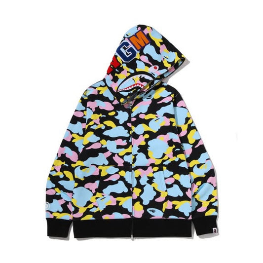 A BATHING APE BAPE MULTI CAMO SHARK FULL ZIP HOODIE BLACK