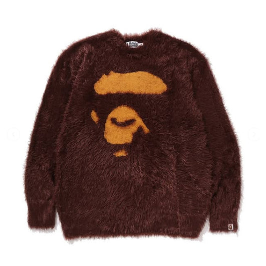 A BATHING APE BAPE APE FACE SHAGGY SWEATER BROWN
